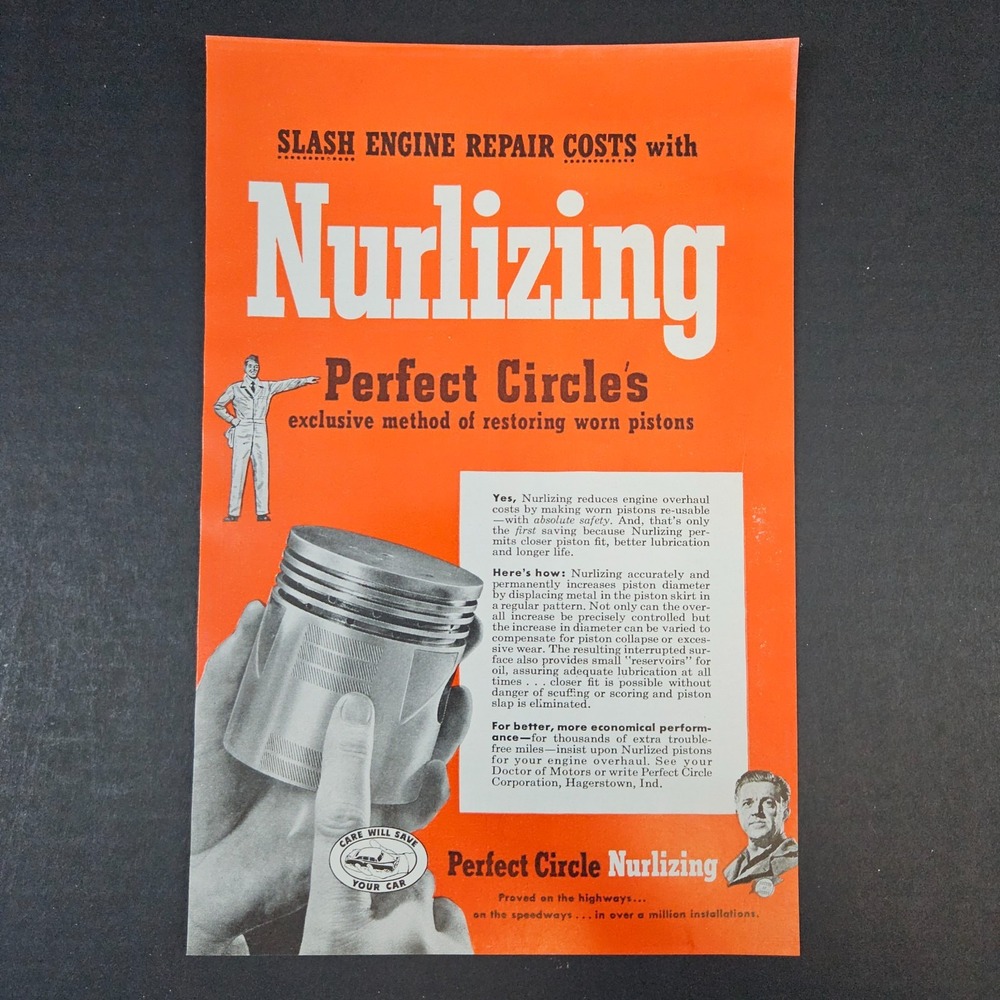 1952 Perfect Circle Nurlizing Restore Worn Piston Vintage Print Ad Hagerstown IN